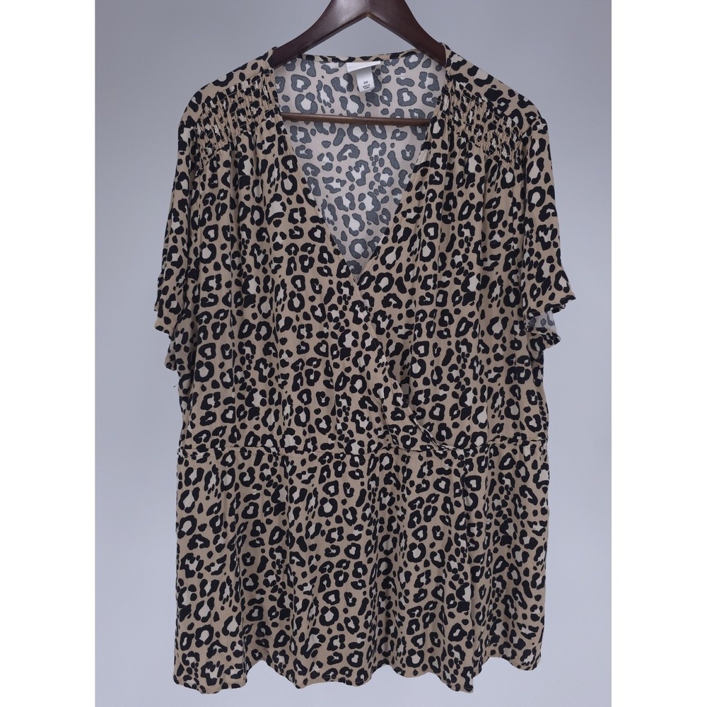 Ava & Viv Womens Top 2X Brown Black Leopard Animal Print Tunic Short Sleeve